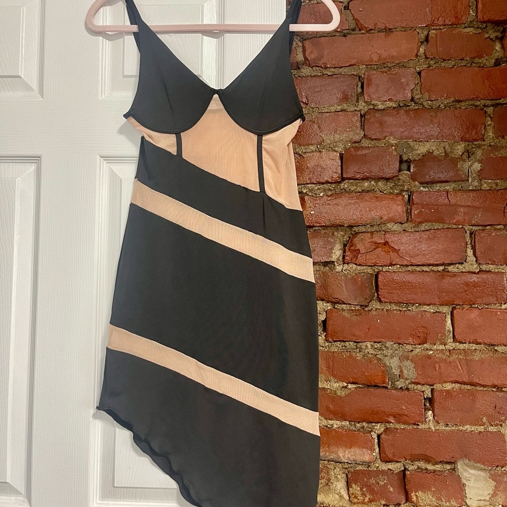 Symmetric spaghetti strap mini dress| Color: nude mesh & black